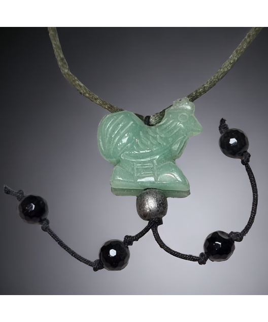 Pendentif Aventurine verte & Onyx Coq sur cordon