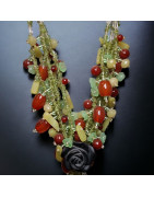 Collier Cornaline Quartz rose Péridot Jade & Fleur Onyx