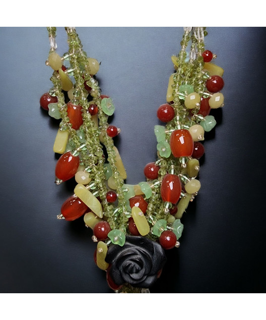 Collier Cornaline Quartz rose Péridot Jade & Fleur Onyx