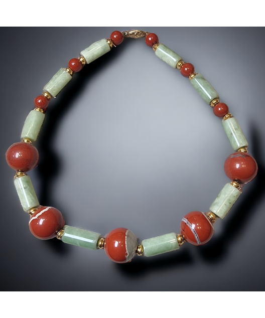 Collier Jade & Jaspe rouge pierres rondes & cylindriques