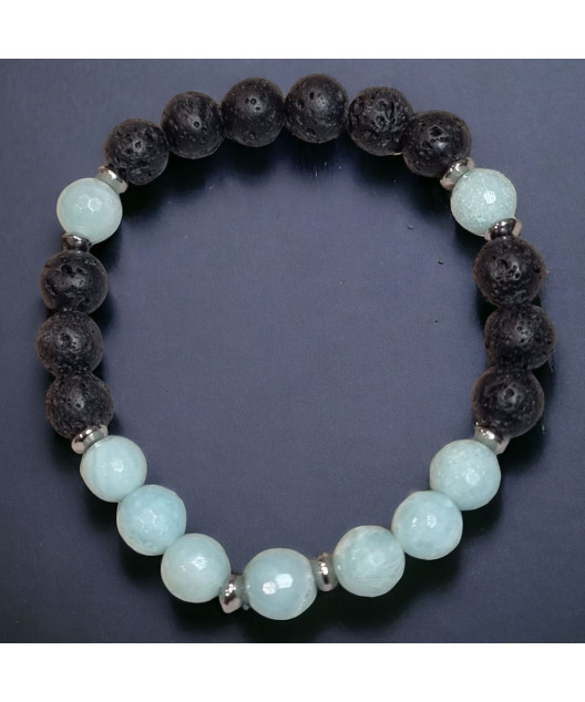 Bracelet Amazonite facettée et Pierres de lave 8mm