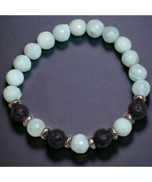 Bracelet Amazonite facettée et Pierres de lave 8mm
