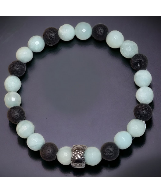 Bracelet Amazonite facettée et Pierres de lave 8mm