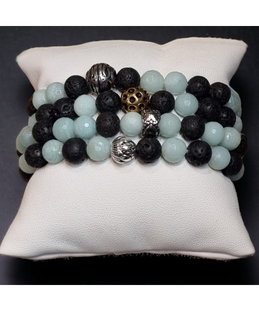 Bracelet Amazonite facettée et Pierres de lave 8mm