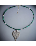 Pendentif Feuille Argent 925 sur collier Malachite