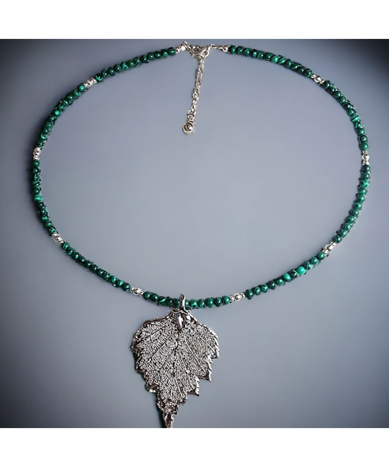 Pendentif Feuille Argent 925 sur collier Malachite