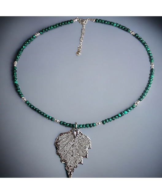 Pendentif Feuille Argent 925 sur collier Malachite