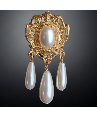 Broche Perles de verre Vintage plaquée or