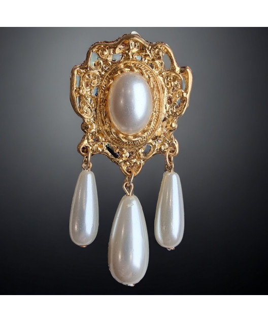 Broche Perles de verre Vintage plaquée or