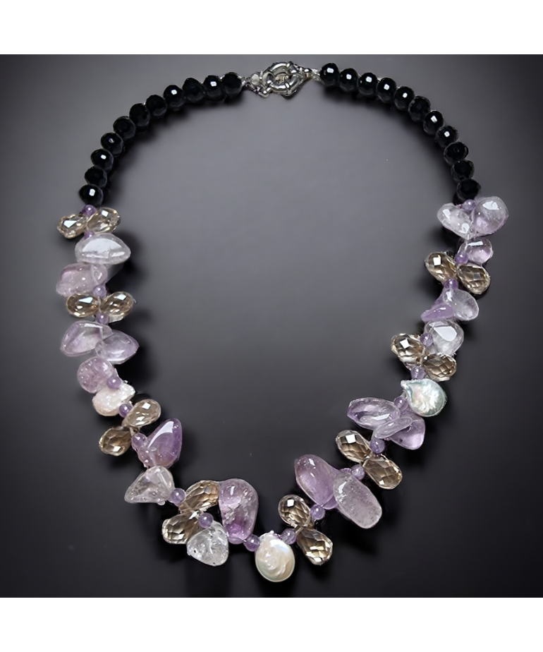 Collier Améthyste Citrine Onyx facetté & Perles baroque