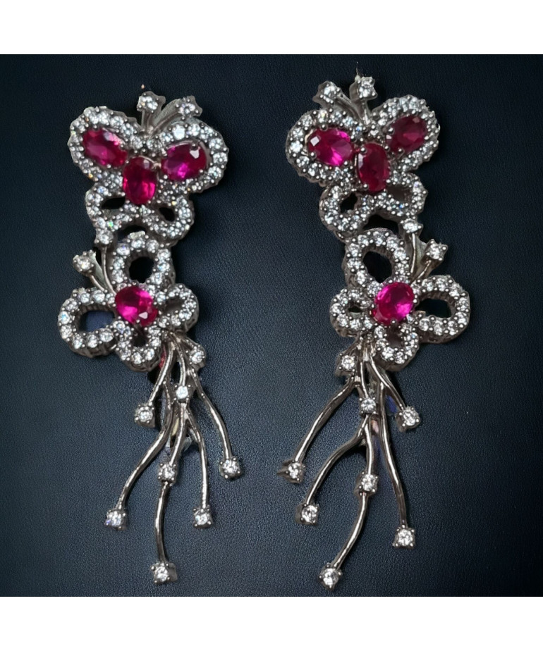 Boucles Rubis synthétique & Zirconium Papillons Argent 925