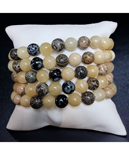 Bracelet Calcite jaune Jaspe paysage & Obsidienne neigeuse Pierres rondes 8mm