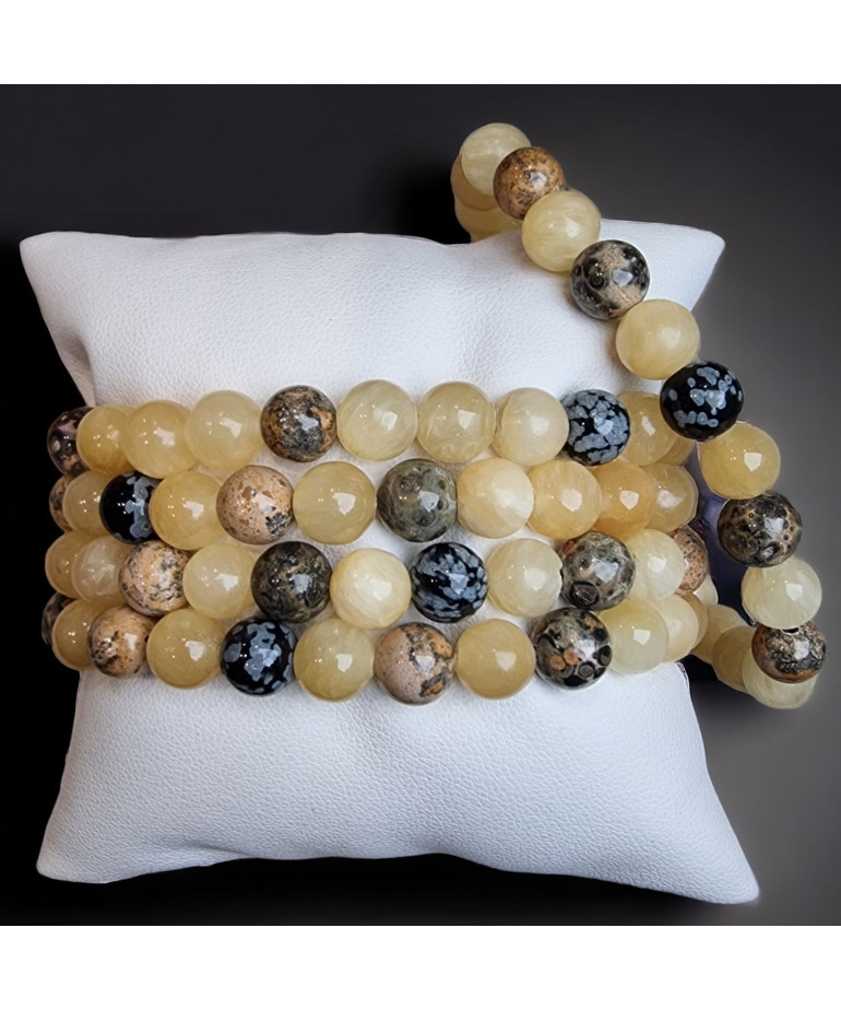 Bracelet Calcite jaune Jaspe paysage & Obsidienne neigeuse avec fermoir