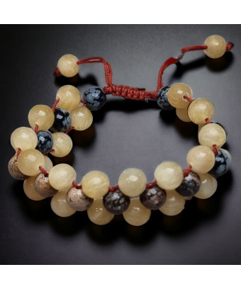 Bracelet Calcite jaune Jaspe paysage & Obsidienne neigeuse sur cordon réglable