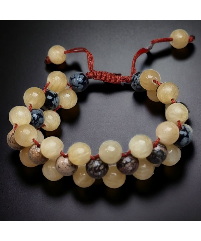 Bracelet Calcite jaune Jaspe paysage & Obsidienne neigeuse sur cordon réglable