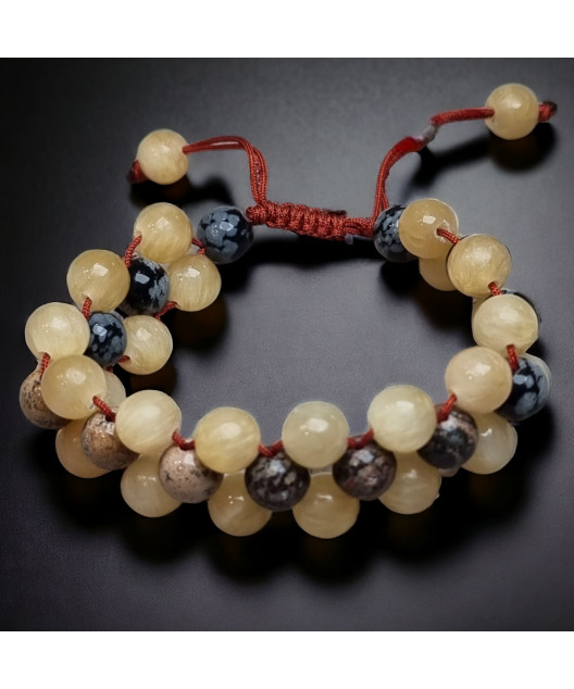 Bracelet Calcite jaune Jaspe paysage & Obsidienne neige sur cordon réglable