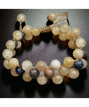 Bracelet Calcite jaune Jaspe paysage & Obsidienne neigeuse sur cordon réglable