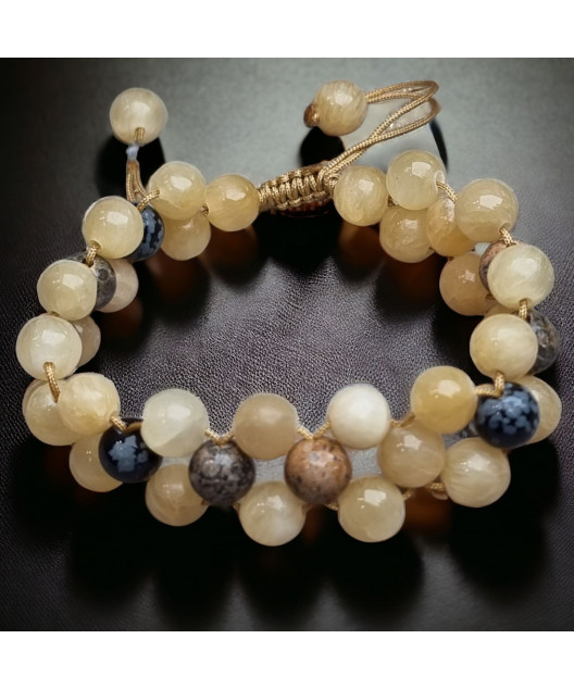 Bracelet Calcite jaune Jaspe paysage & Obsidienne neige sur cordon réglable