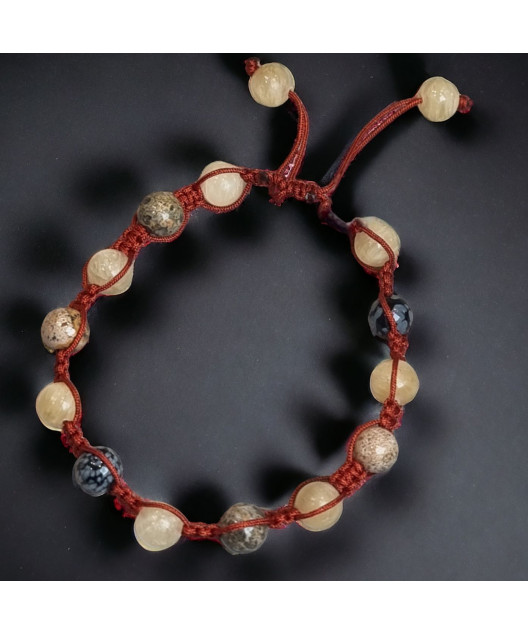 Bracelet Calcite jaune Jaspe paysage & Obsidienne neige sur cordon réglable