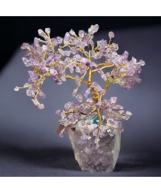 Arbre du bonheur Améthyste avec Oiseau en Jaspe