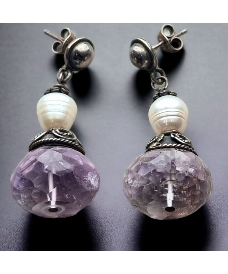 Boucles Améthyste & Perle Boules facettées Argent 925