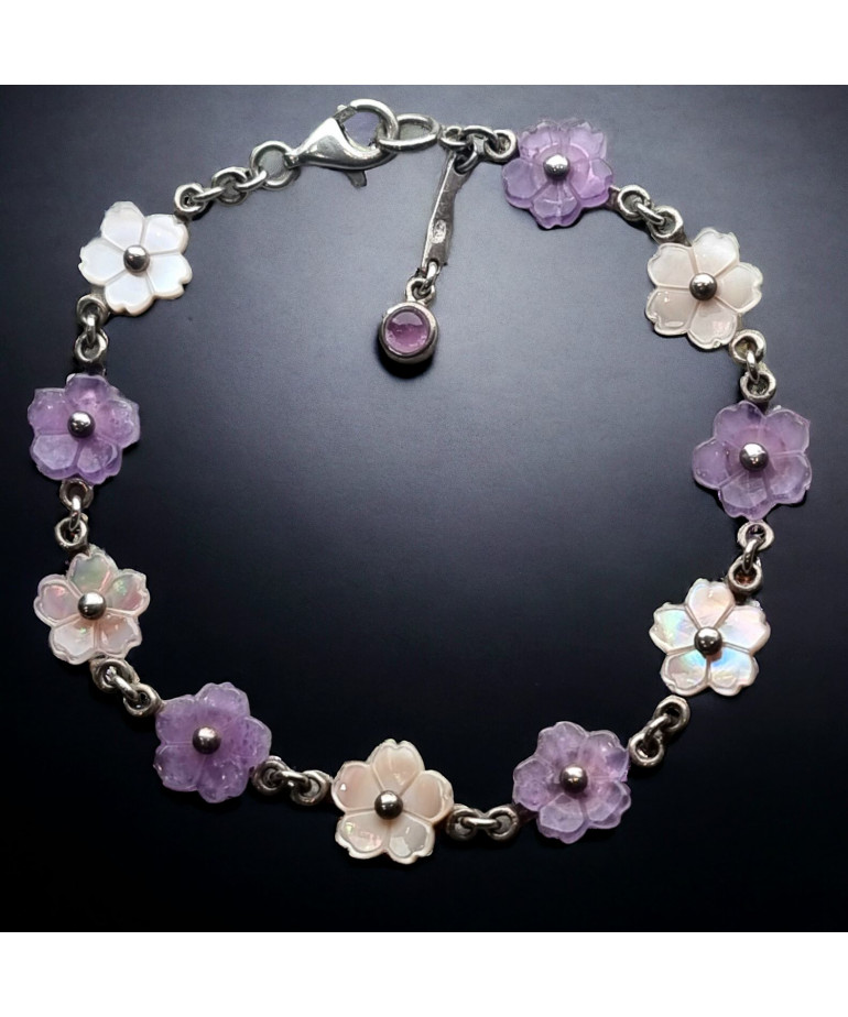 Bracelet Améthyste & Nacre Fleurs avec fermoir Argent 925