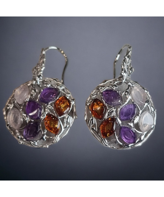 Boucles Améthyste Quartz rose et Ambre Argent 925