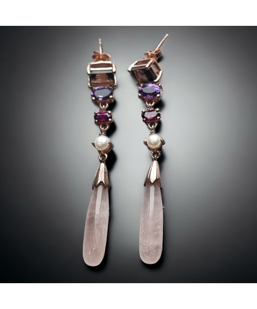 Boucles Quartz rose & fumé Améthyste et Grenat Plaqué or rose