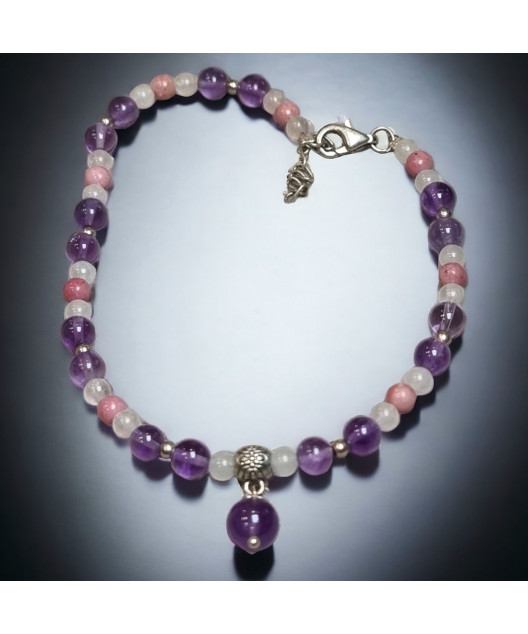 Bracelet cheville Améthyste Pierre de lune & Rhodochrosite