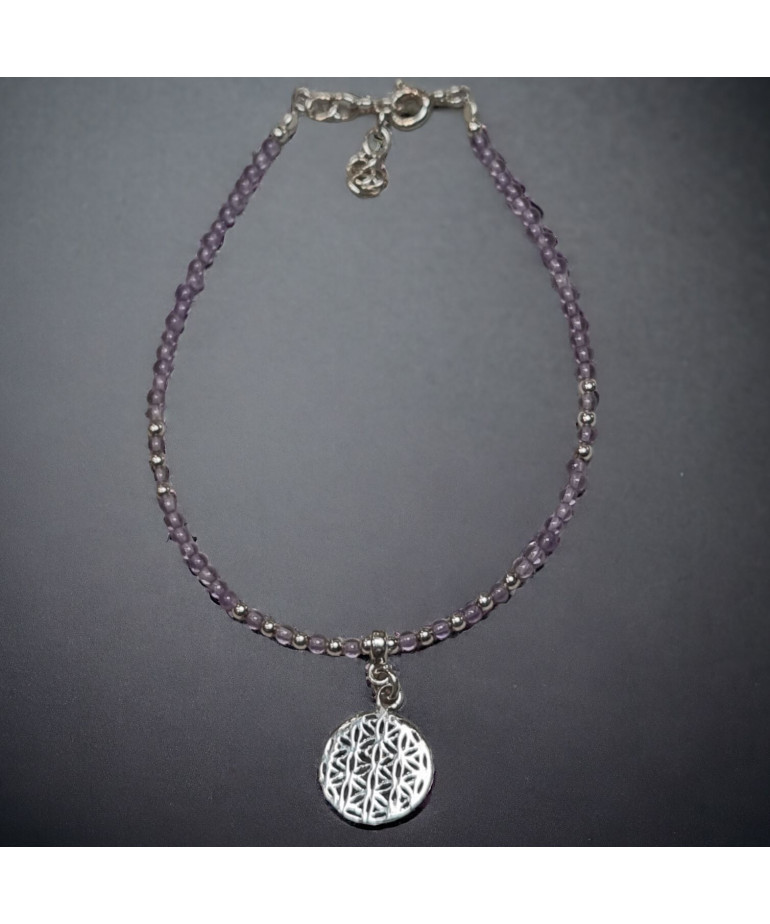 Bracelet Améthyste facettée avec Fleur de vie Argent 925