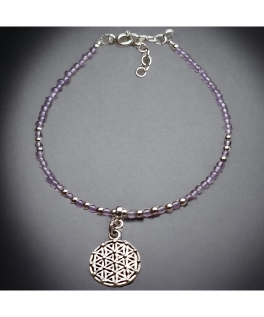 Bracelet Améthyste facettée avec Fleur de vie Argent 925