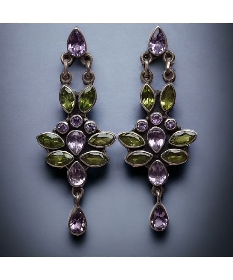 Boucles Améthyste & Péridot Fleur Argent 925