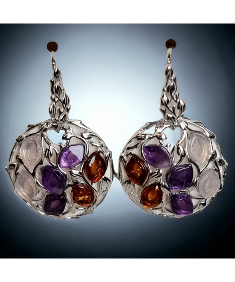 Boucles Améthyste Quartz rose et Ambre Argent 925