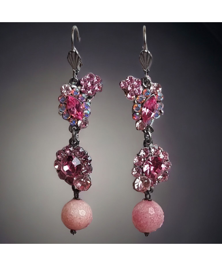 Boucles d'oreilles Swarovski & Aventurine rose pendants