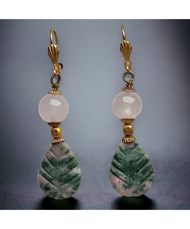 Boucles Quartz rose & Unakite Laiton