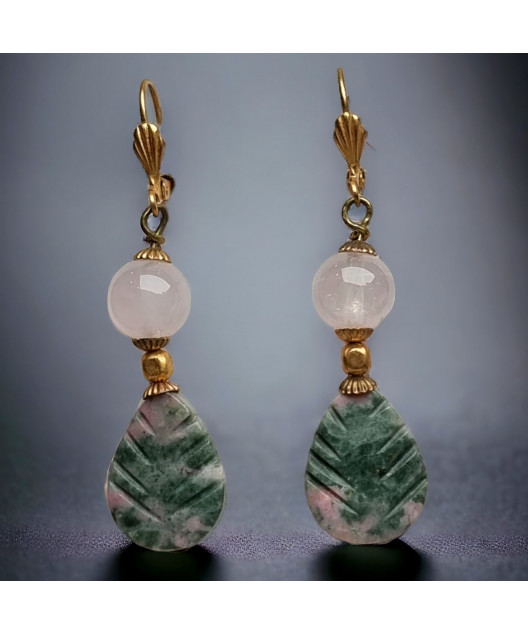 Boucles Quartz rose & Unakite Laiton