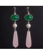 Boucles Quartz rose Agate verte & Perle Argent 925