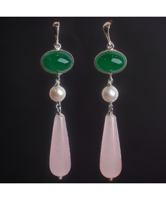 Boucles Quartz rose Agate verte & Perle Argent 925