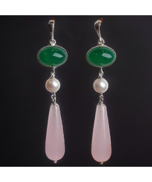 Boucles Quartz rose Agate verte & Perle Argent 925