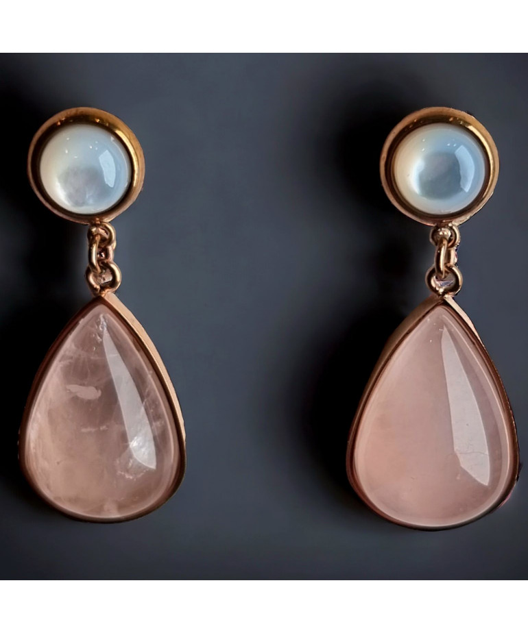 Boucles Quartz rose & Nacre Acier Plaqué or rose