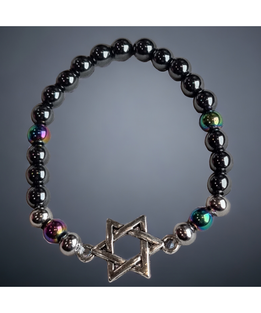 Bracelet Hématite Bismuth & billes d'acier avec Etoile de David 6mm
