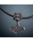 Pendentif Tête de loup & marteau de Thor Acier sur lacet cuir