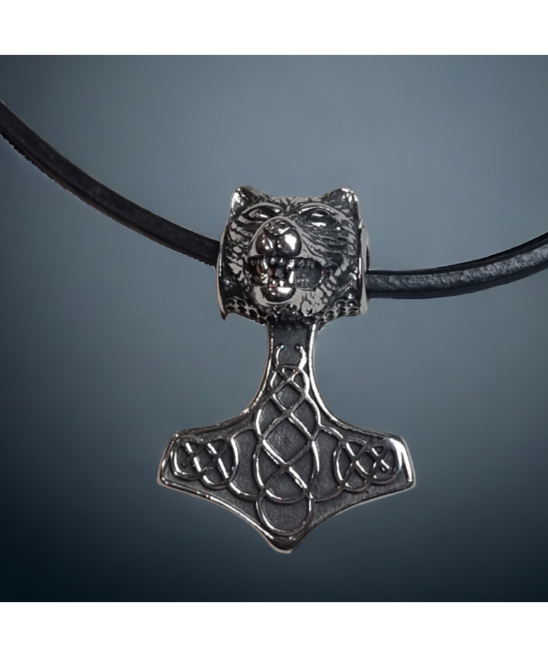 Pendentif Tête de loup & marteau de Thor Acier sur lacet cuir
