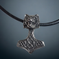 Pendentif Tête de loup & marteau de Thor Acier sur lacet cuir