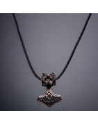 Pendentif Tête de loup & marteau de Thor Acier sur lacet cuir