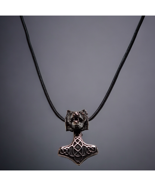 Pendentif Tête de loup & marteau de Thor Acier sur lacet cuir