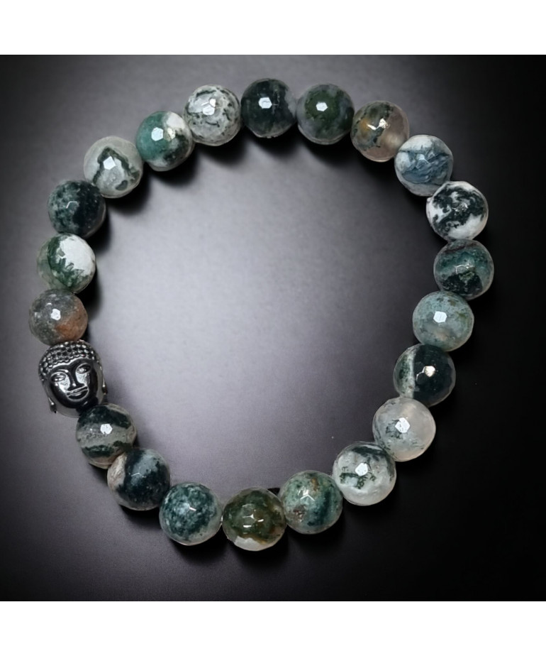 Bracelet Agate Mousse et Arbre Pierres Rondes de 8mm facettées