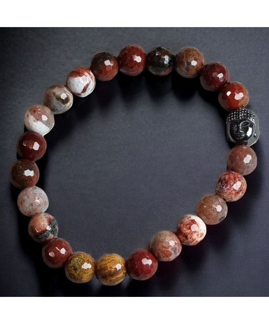 Bracelet Agate mousse & Jaspe facettées avec Bouddha Hématite