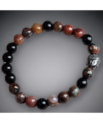 Bracelet Agate mousse Onyx & Jaspe facettées avec Bouddha Hématite