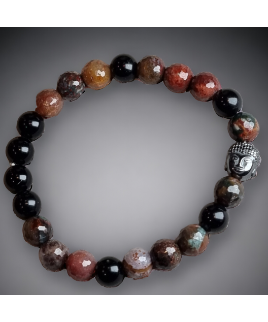 Bracelet Agate mousse Onyx & Jaspe facettées avec Bouddha Hématite